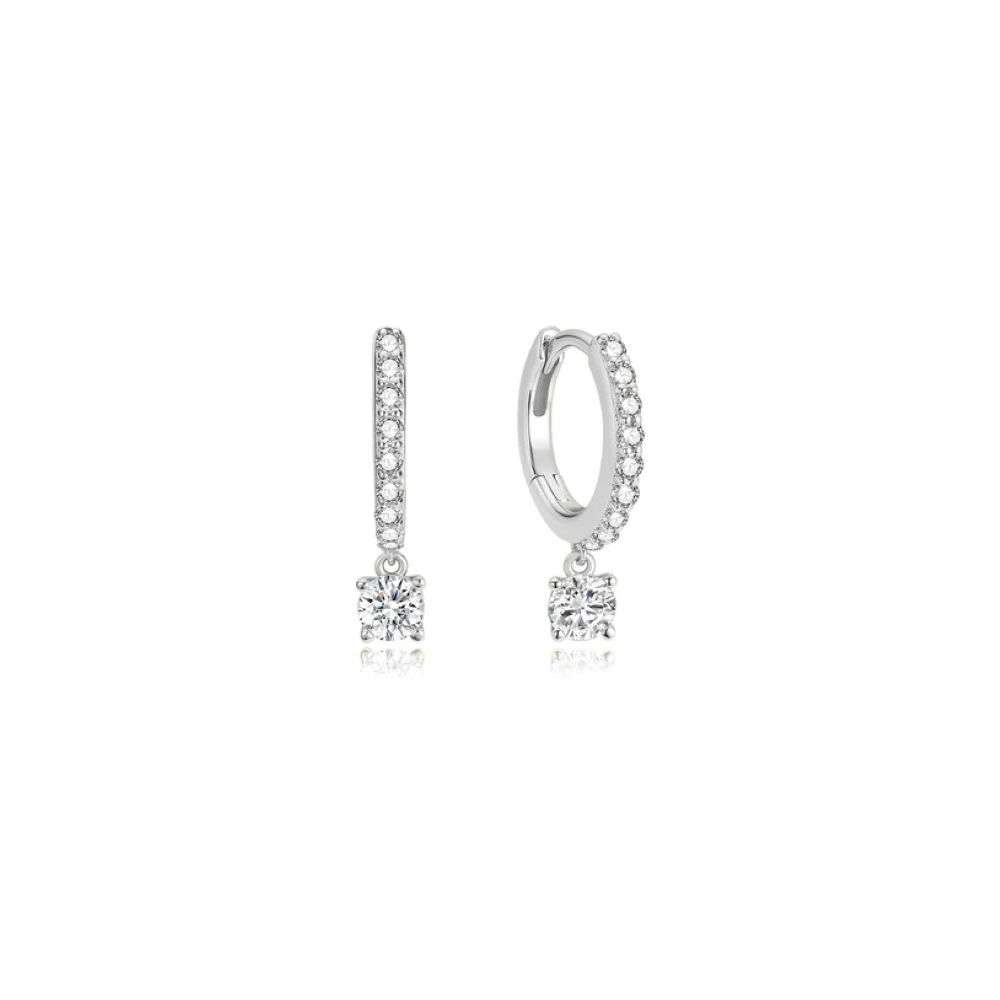 E075-09H Silver Dangling Sparkle Huggie Hoop Earrings front image