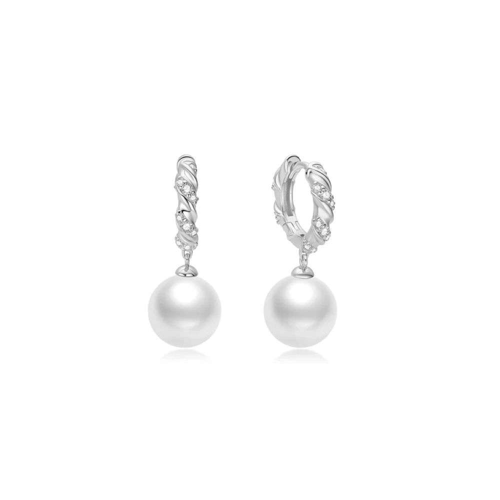 E075-14H Silver Shell Pearl Dangling Twisted Huggie Hoop Earrings front image E075-14H Silver Shell Pearl Dangling Twisted Huggie Hoop Earrings front image