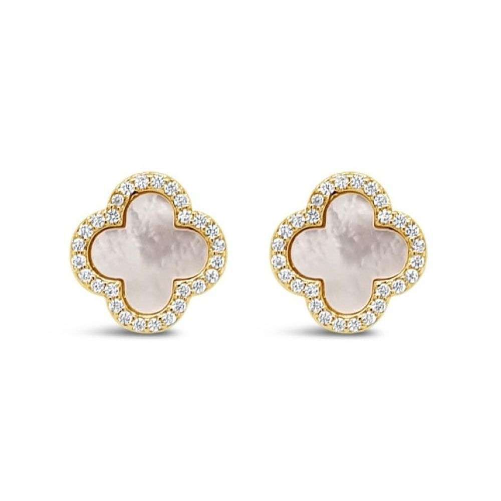 E2350GL Absolute jewellery gold mother pearl clover stud earrings front image E2350GL Absolute jewellery gold mother pearl clover stud earrings front image
