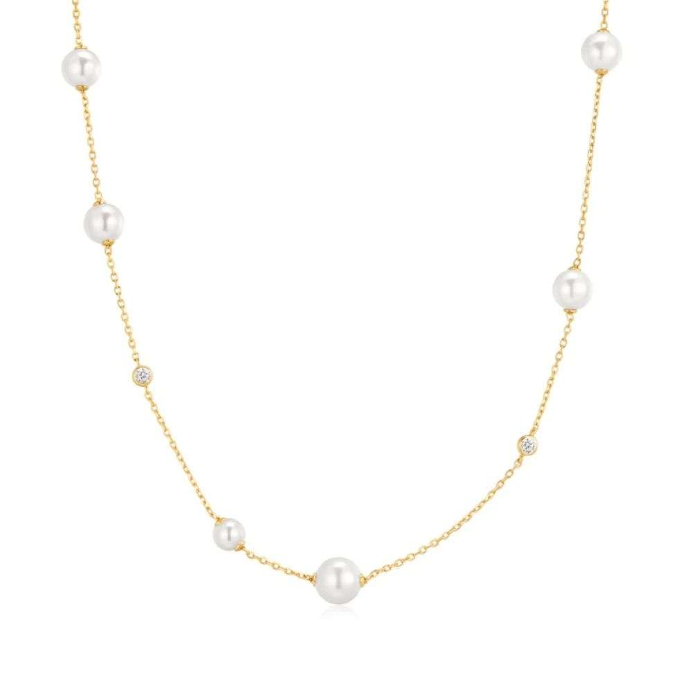 N075-05G Gold Asymmetric Shell Pearl Station Necklace front image