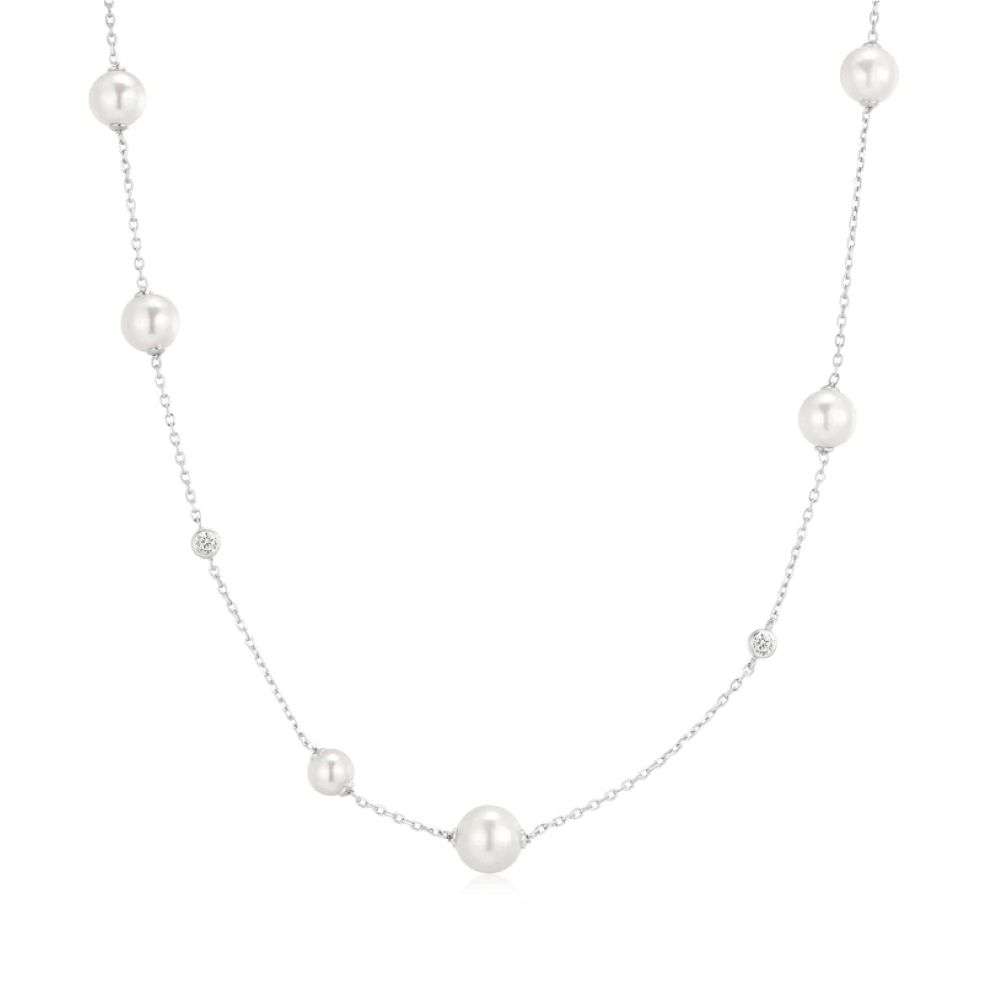 N075-05H Silver Asymmetric Shell Pearl Station Necklace front image N075-05H Silver Asymmetric Shell Pearl Station Necklace front image
