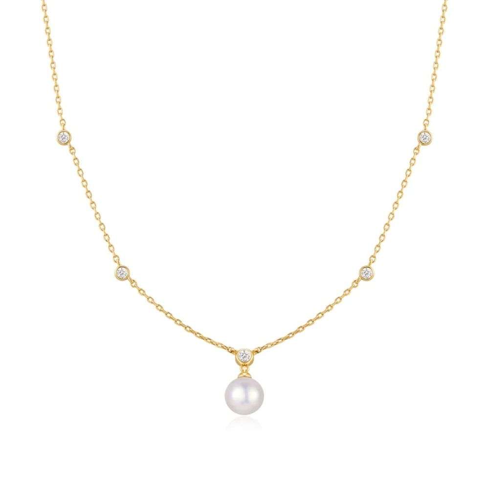 N075-09G Gold Bezel-Set Station Necklace with Shell Pearl Pendant front image