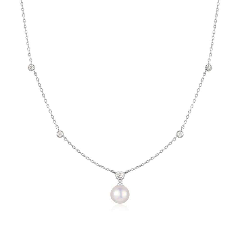 N075-09H Silver Bezel-Set Station Necklace with Shell Pearl Pendant front image