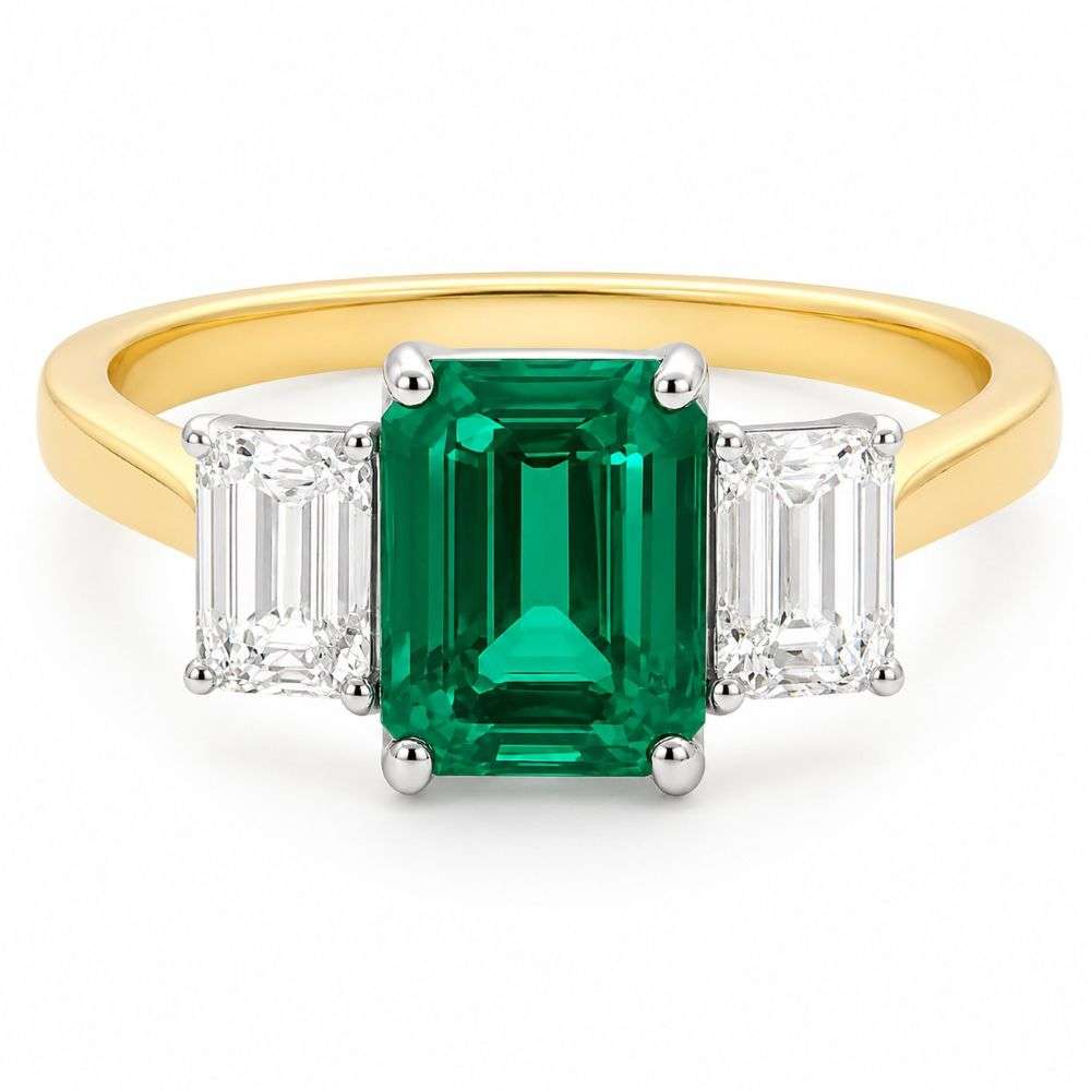 R-83200-EM-18YW-18ct-gold-lab-emerald-and-diamond-3-stone-diamond-ring-front-image-1 R-83200-EM-18YW-18ct-gold-lab-emerald-and-diamond-3-stone-diamond-ring-front-image-1