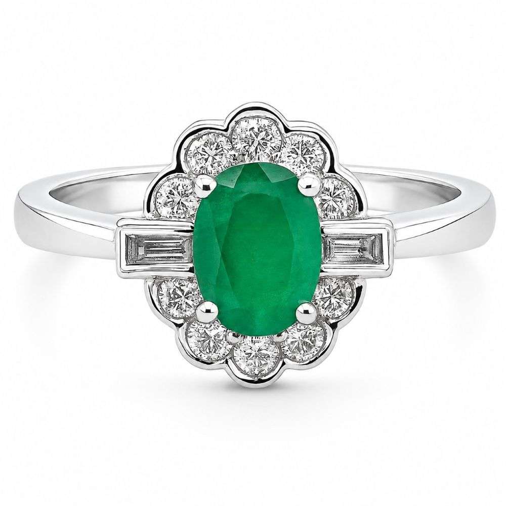 R545-E-9W-9ct-White-Gold-1.00ct-Emerald-With-0.30cts-Diamonds-Surround-Cluster-Ring-front-image