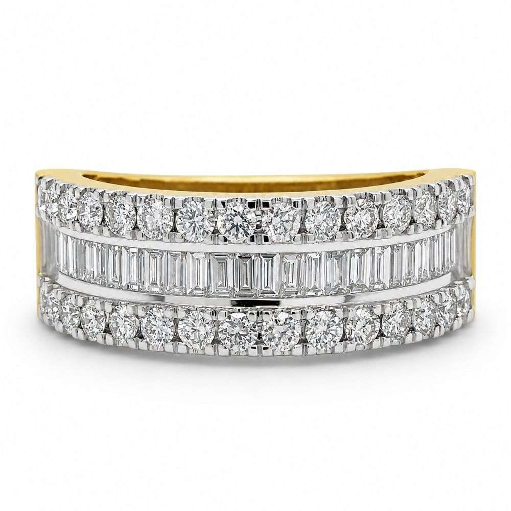 R5556100-9Y 9ct Yellow gold 1.00ct round baguette 3 row eternity ring front image R5556100-9Y 9ct Yellow gold 1.00ct round baguette 3 row eternity ring front image