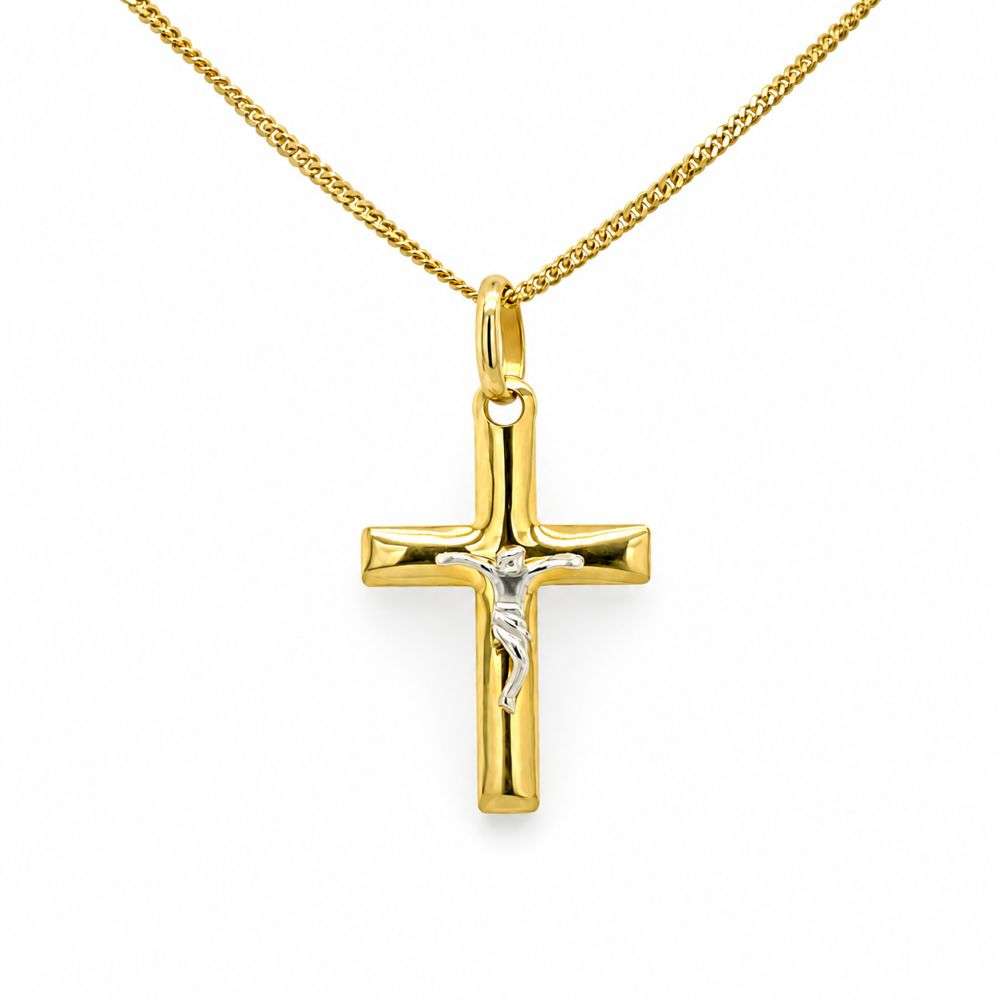 1.64.3173 9ct yellow gold polished domed 2 tone crucifix and chain front image 1.64.3173 9ct yellow gold polished domed 2 tone crucifix and chain front image