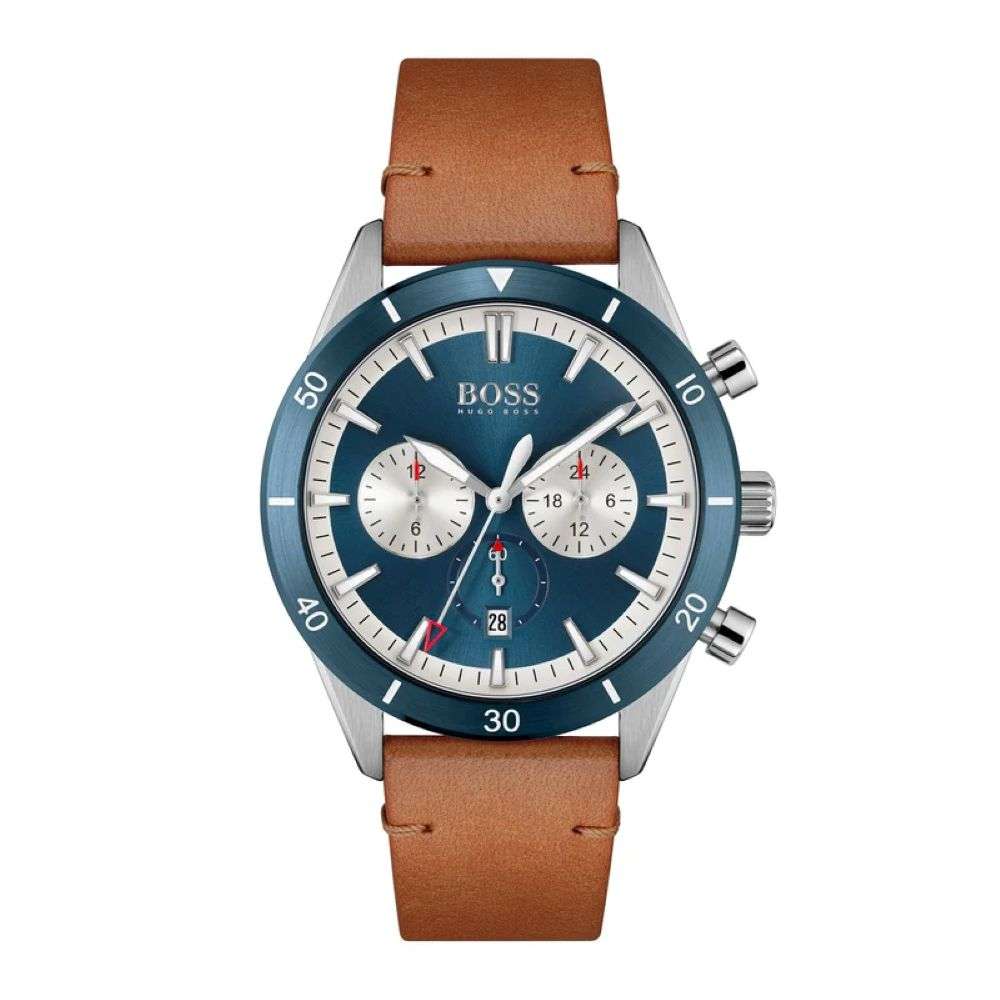 1513860 Boss Steel Case Leather Strap Santiago Watch Front Image 1513860 Boss Steel Case Leather Strap Santiago Watch Front Image