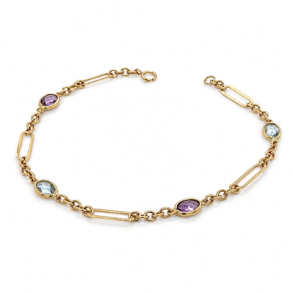 982615 9ct yellow gold blue topaz and amethyst link bracelet front image 982615 9ct yellow gold blue topaz and amethyst link bracelet front image