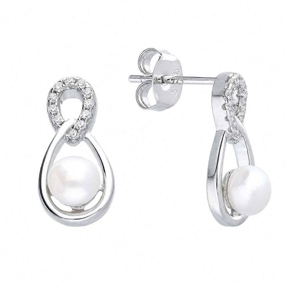 H7188-S Sterling silver infinity slight drop pearl and cz set earrings main image