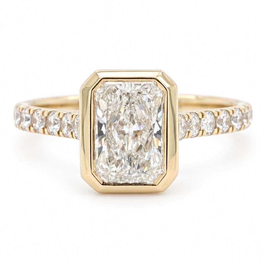 982635-1.85ct 9ct Yellow Gold 1.50ct Centre 0.35cts Sides Bezel Radiant Bezel Set Solitaire Ring Front Image 982635-1.85ct 9ct Yellow Gold 1.50ct Centre 0.35cts Sides Bezel Radiant Bezel Set Solitaire Ring Front Image