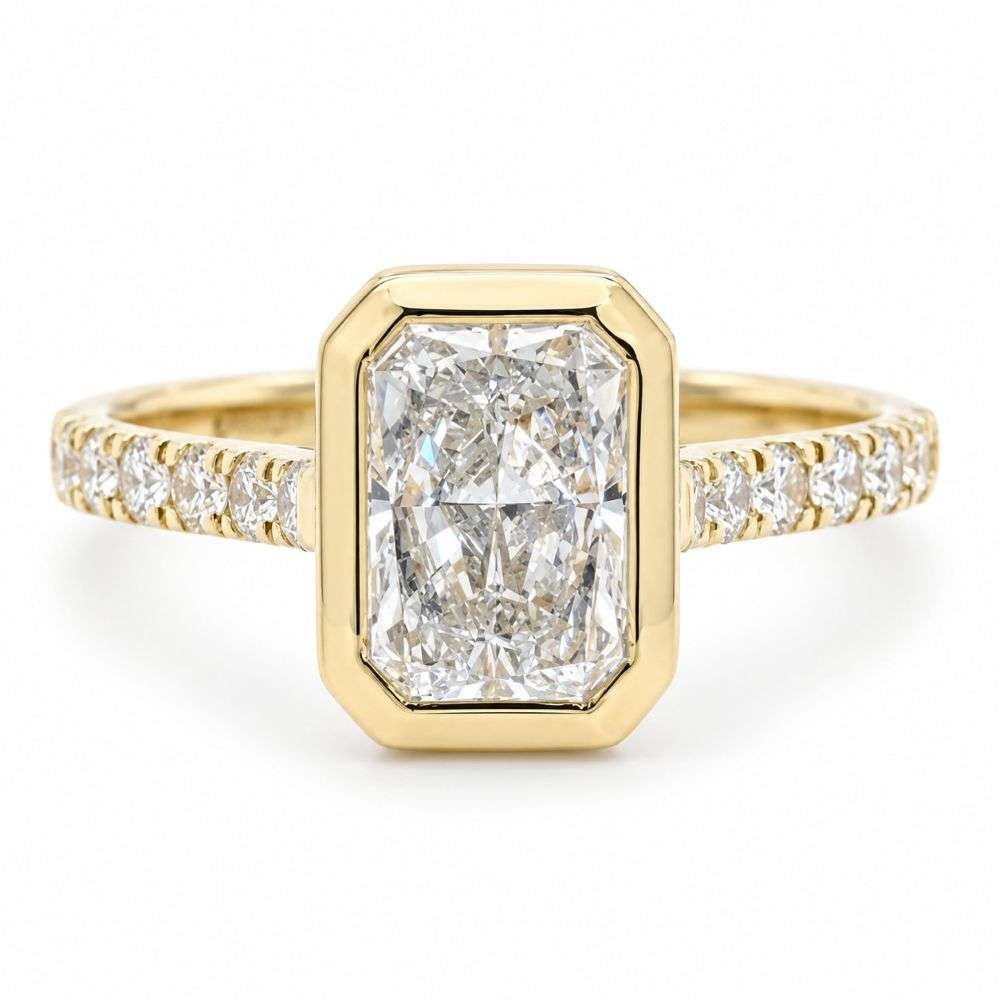 982635-2.35ct 9ct Yellow Gold 2.00ct Centre 0.35cts Sides Bezel Radiant Bezel Set Solitaire Ring Front Image