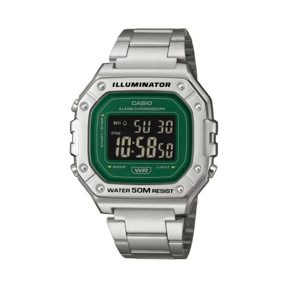 W-218HD-3AVEF Casio silver finish green digital watch front image W-218HD-3AVEF Casio silver finish green digital watch front image