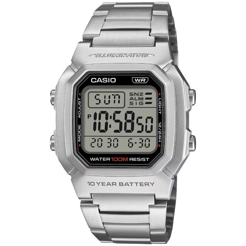 w-800hd-1avef Casio silver silicon square retro digital watch front image