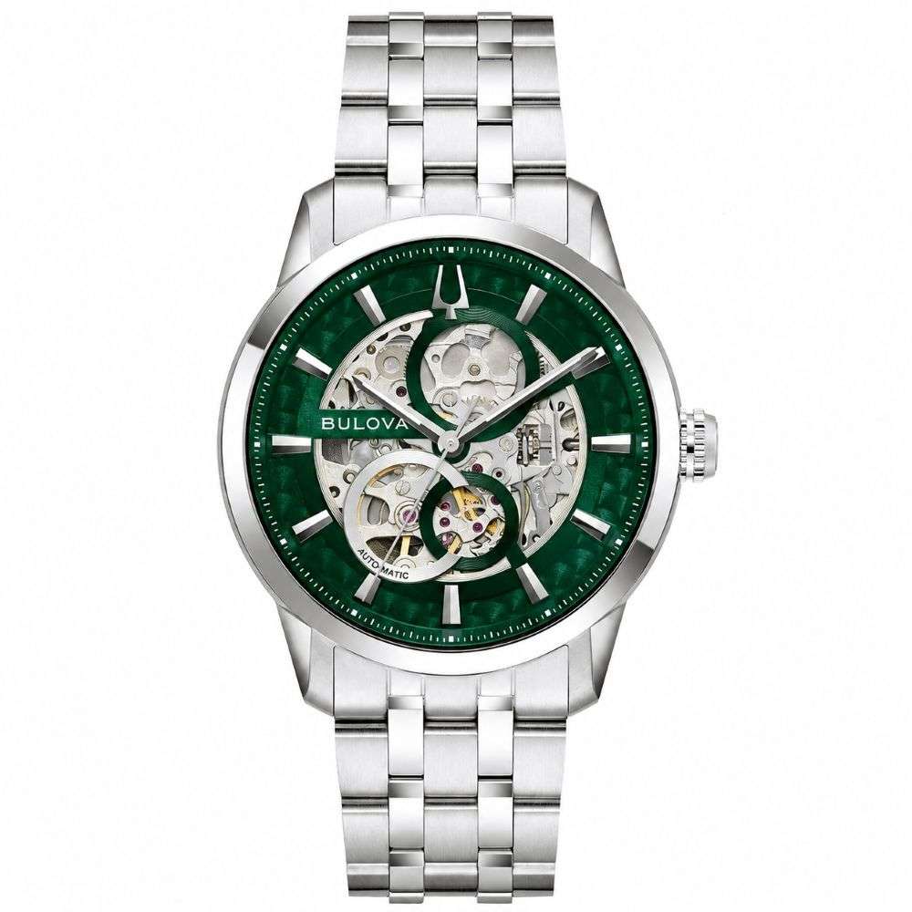 96A329-Bulova-Mens-Sutton-green-skeleton-dial-steel-bracelet-watch-front-image