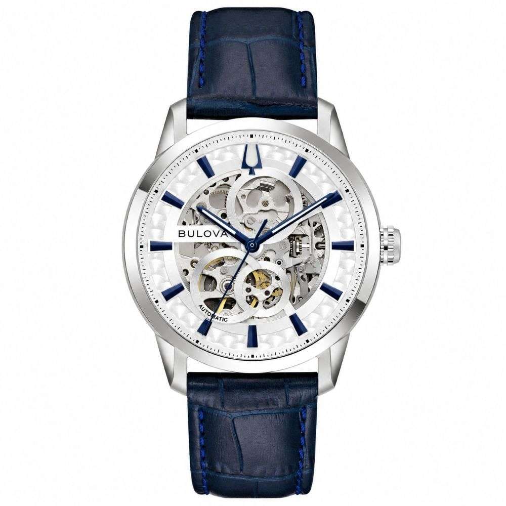 96A330-Bulova-Mens-Steel-Sutton-Skeleton-Silver-Dial-Navy-Leather-Strap-Watch-front-image