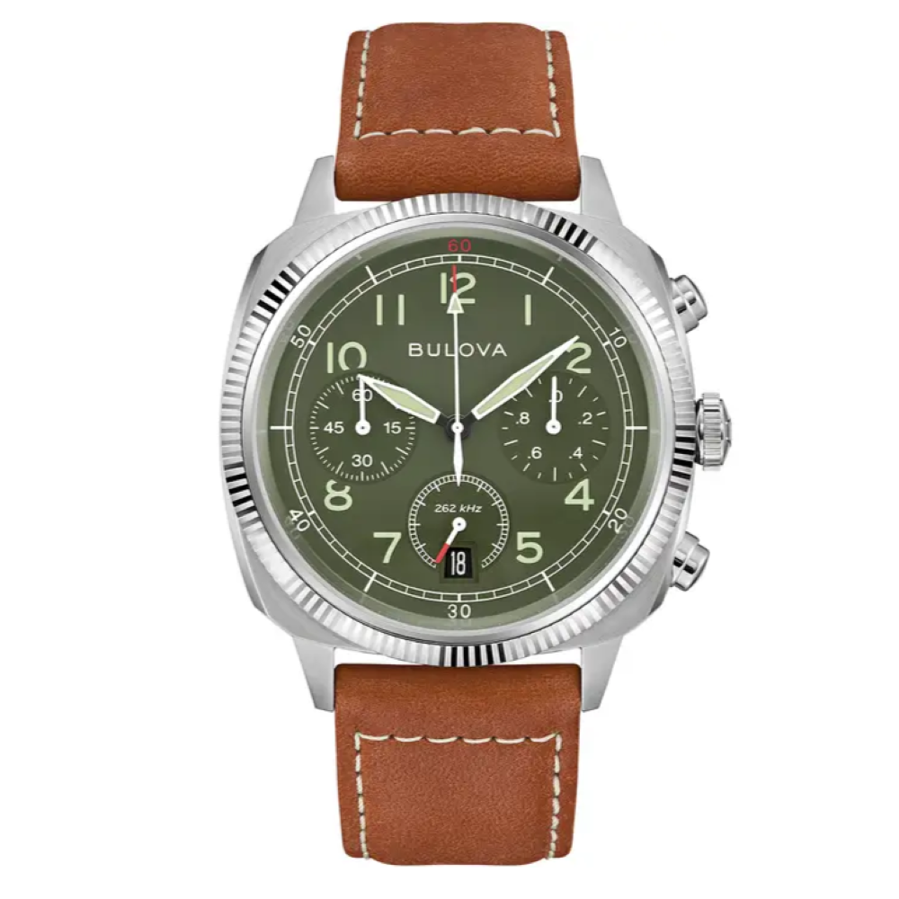 96b482 Bulova mens steel case Green dial Military Chronograph watch front image