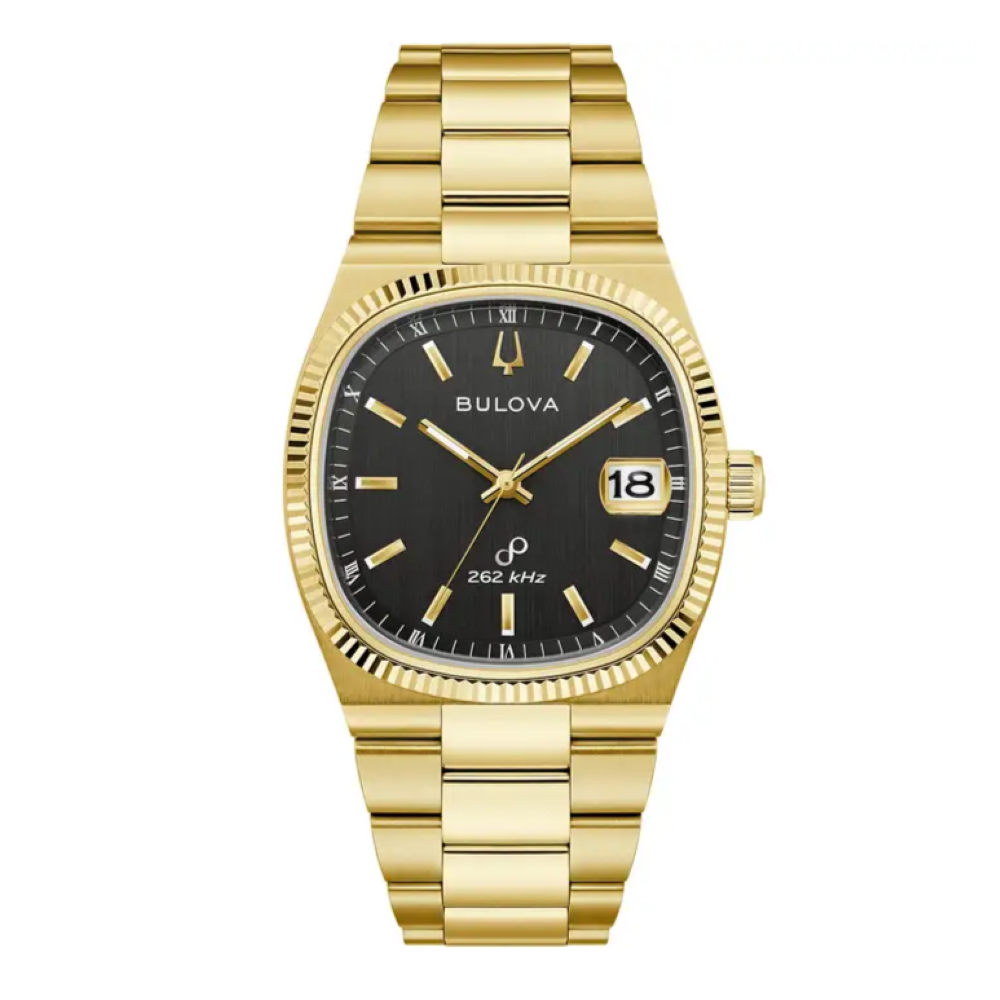 97B246 Bulova Mens gold plated black dial Super Seville bracelet watch front image