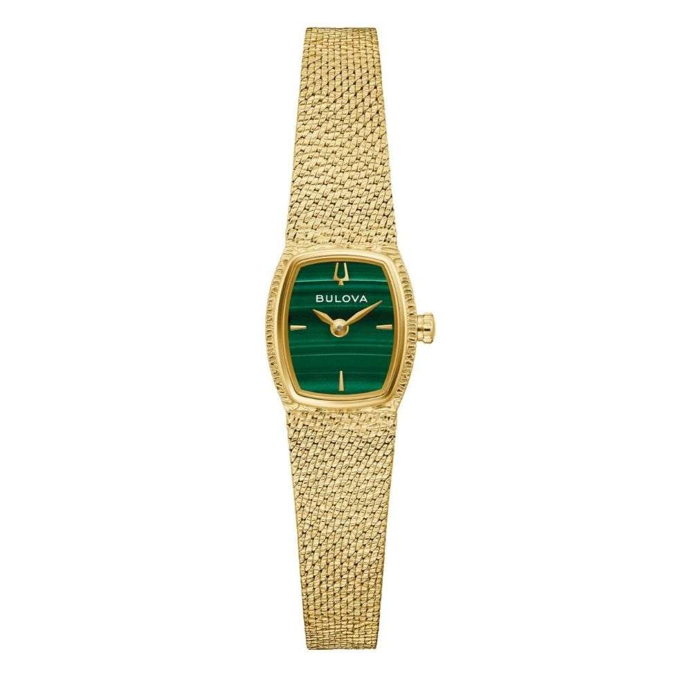 97L184 Bulova womens gold bracelet green dial Goddess of Time watch front image