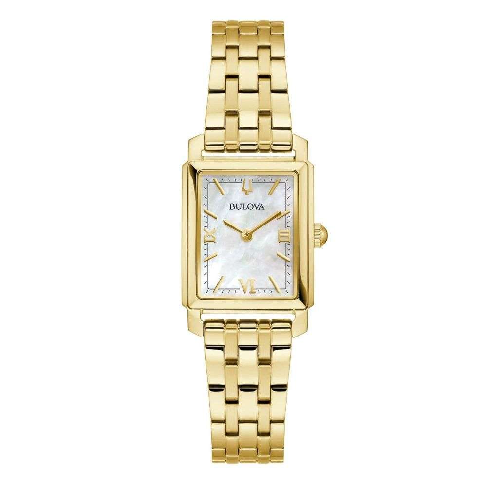 97l177 Bulova womens gold mother pearl bracelet watch front image 97l177 Bulova womens gold mother pearl bracelet watch front image