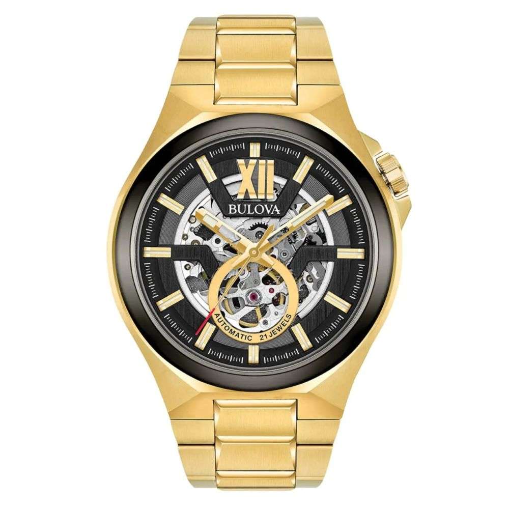 98A178 Bulova womens black dial gold bracelet skeleton dial Maquina watch front image