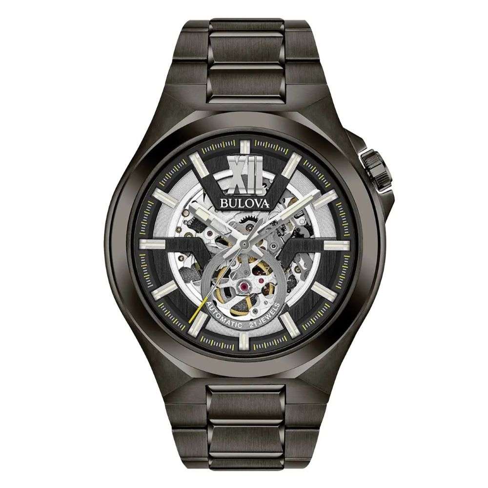 98A179 Bulova womens black dial black bracelet skeleton dial Maquina watch front image 98A179 Bulova womens black dial black bracelet skeleton dial Maquina watch front image