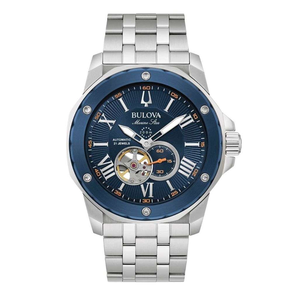 98A302 Bulova Mens Marine Star A blue skeleton dial steel bracelet watch front image 98A302 Bulova Mens Marine Star A blue skeleton dial steel bracelet watch front image
