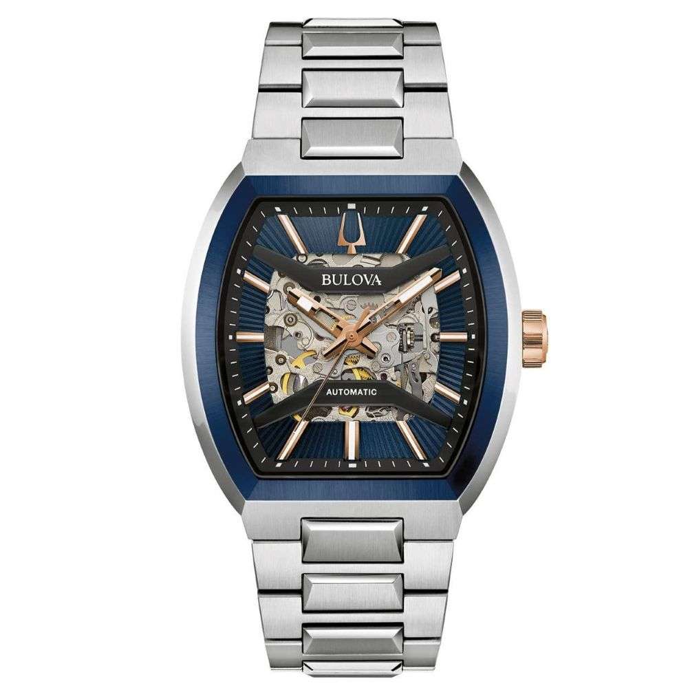 98A319 Bulova Mens Maquina Tonneau blue skeleton dial steel bracelet watch front image