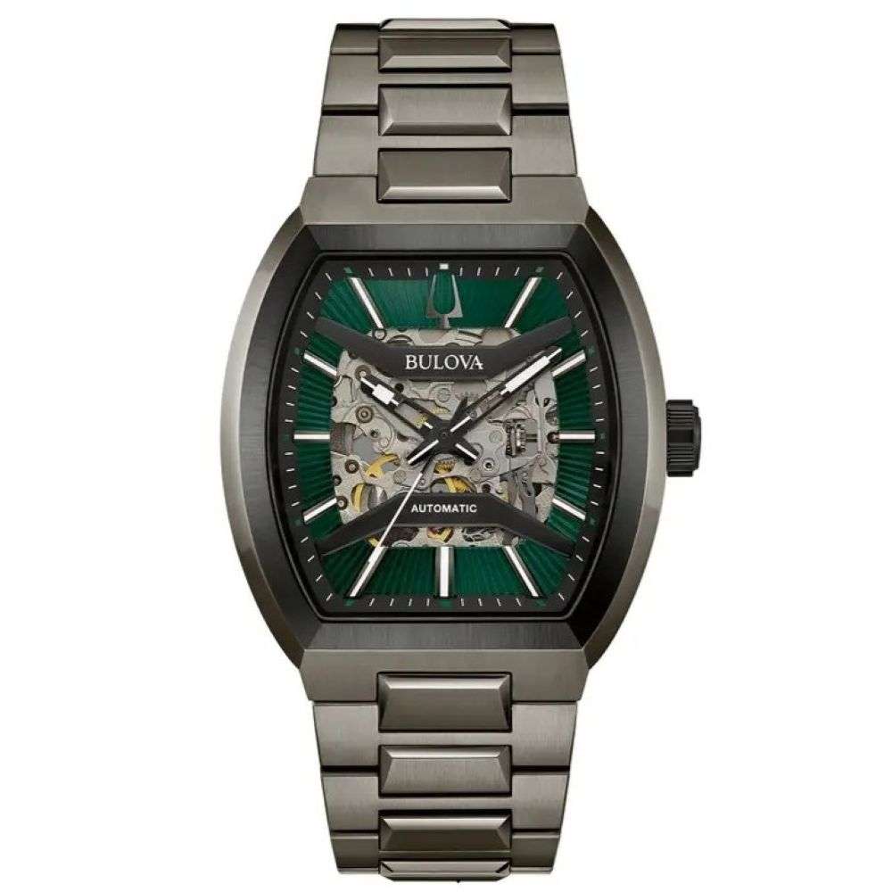 98A321 Bulova Mens Maquina Tonneau green skeleton dial black steel bracelet watch front image 98A321 Bulova Mens Maquina Tonneau green skeleton dial black steel bracelet watch front image