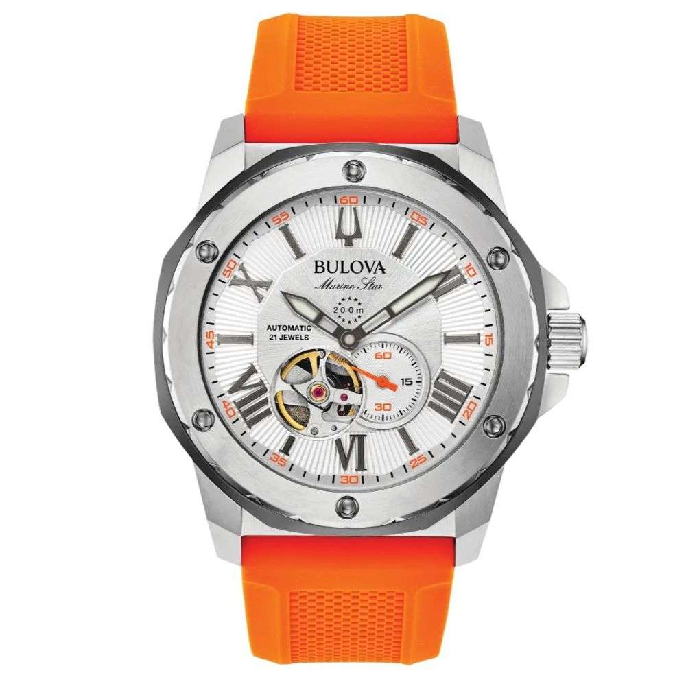 98a226 Bulova mens steel case orange silicon Marine Star A watch front image