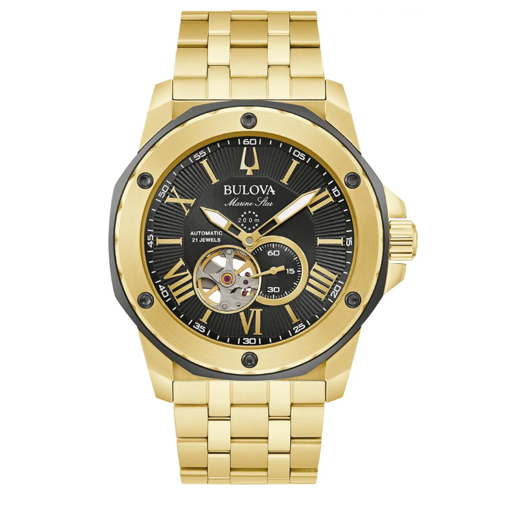 98a273 Bulova mens gold bracelet black skeleton dial Marine Star A watch front image