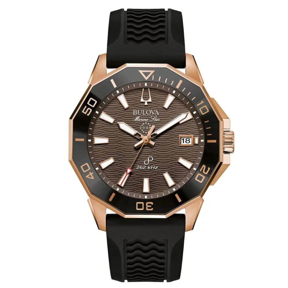 98b421 Bulova Mens Marine Star Precisionist rose case black silicon strap watch front image