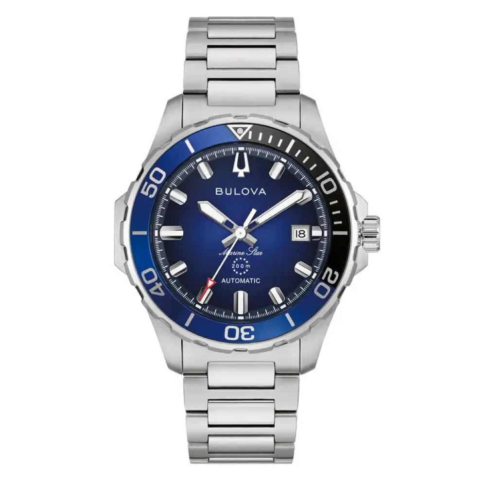 98b466 Bulova Steel Mens Marine Star B navy dial steel bracelet watch front mage