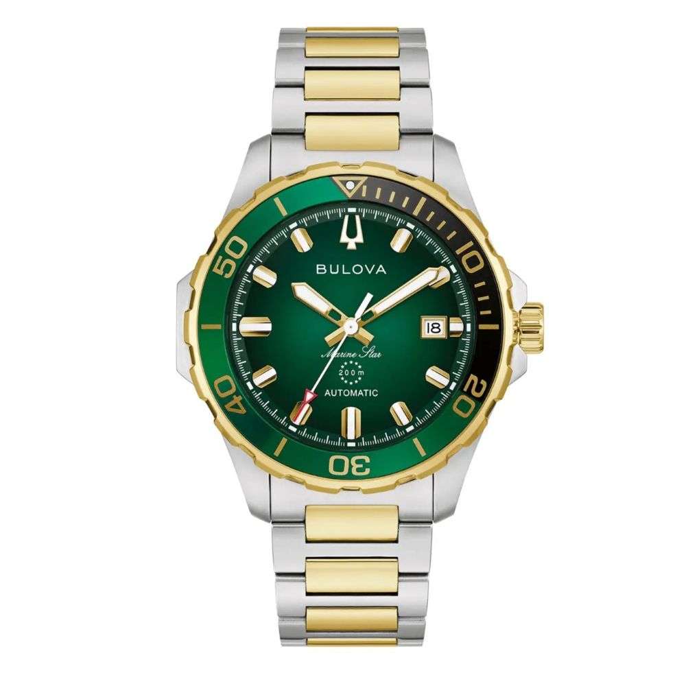 98b467 Bulova Steel gold Mens Marine Star B green dial steel bracelet watch front mage