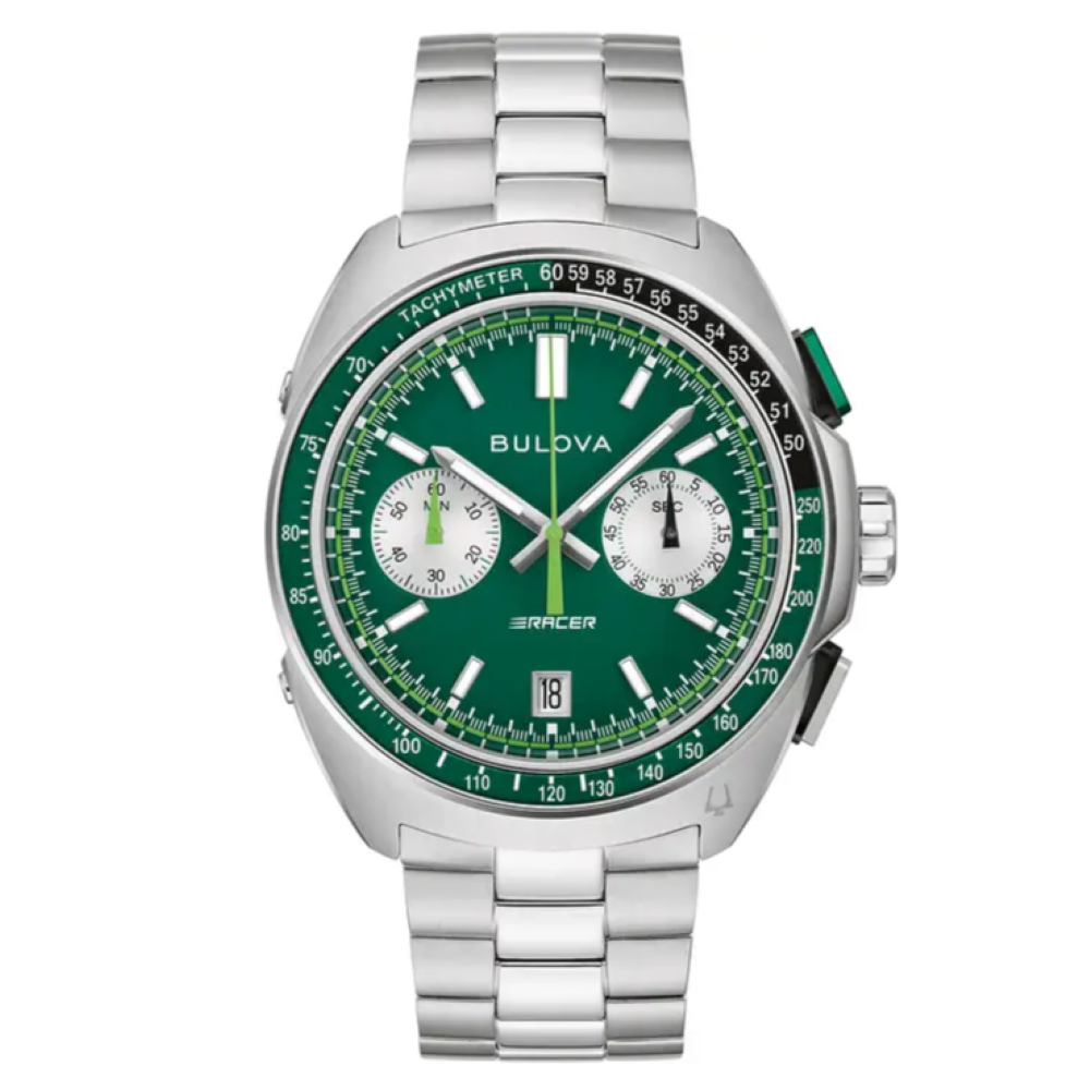 98b468 Bulova mens steel bracelet Racer Chronograph green dial watch front image 98b468 Bulova mens steel bracelet Racer Chronograph green dial watch front image