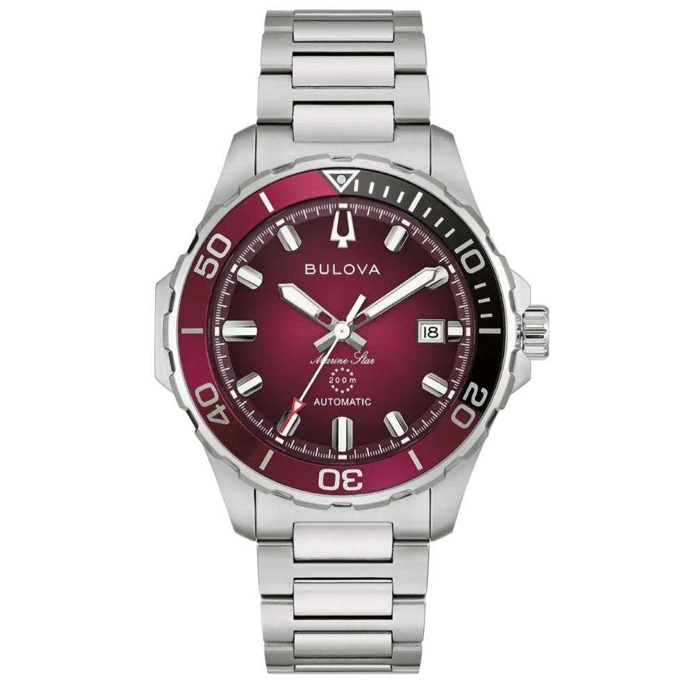 98b472 Bulova Steel gold Mens Marine Star B burgundy dial steel bracelet watch front mage