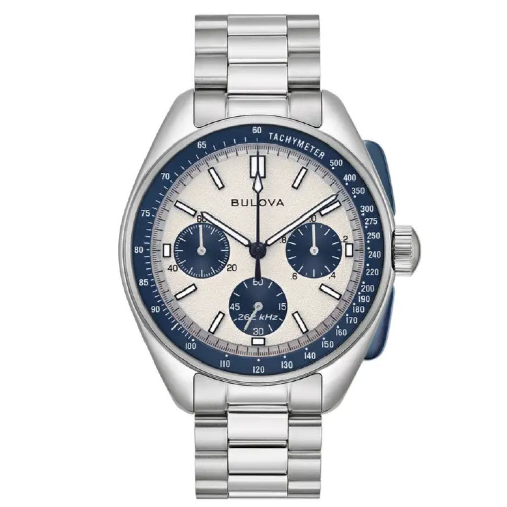 98k112 Bulova Mens Archive Series Lunar Pilot steel blue chronograph watch front image