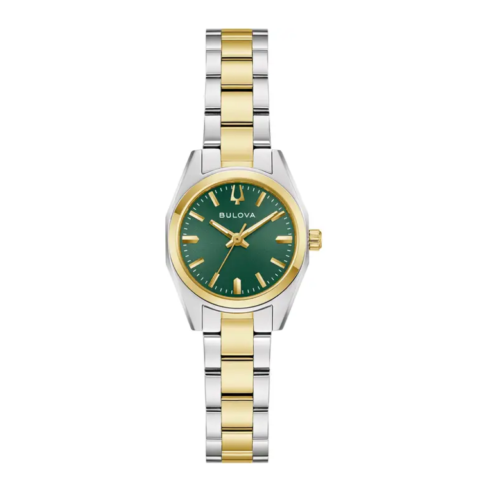 98l329 Bulova steel and gold womens green dial Surveyor Mini bracelet watch front image 98l329 Bulova steel and gold womens green dial Surveyor Mini bracelet watch front image