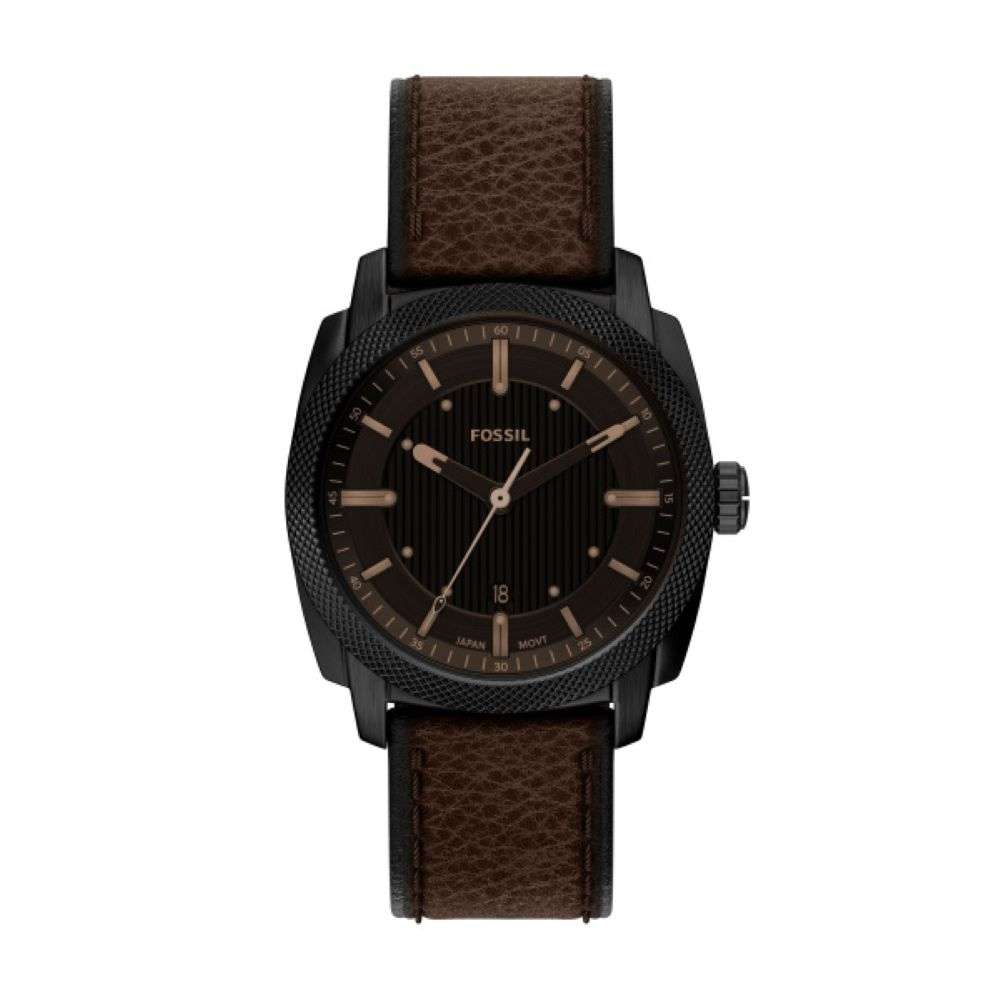FS6187 Fossil Machine black dial black steel case leather strap watch front image