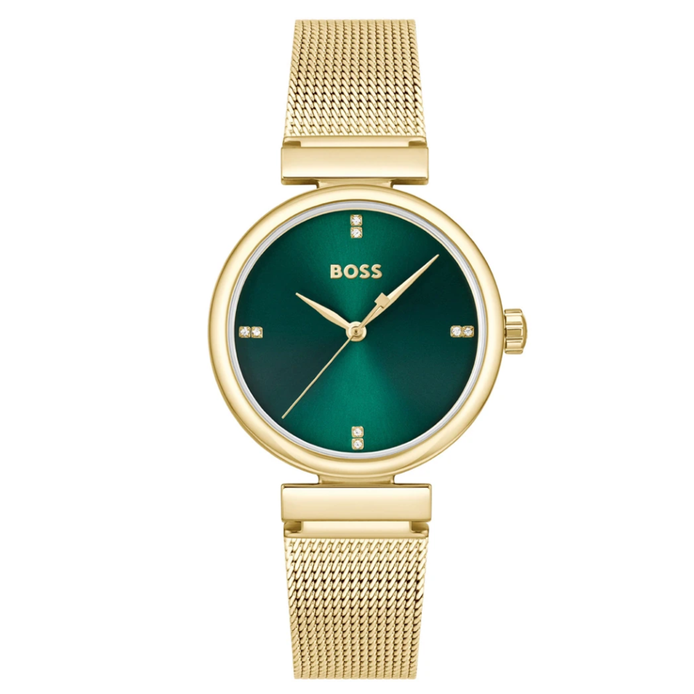 1502855 Huo Boss Rosehill gold mesh bracelet green dial watch front image