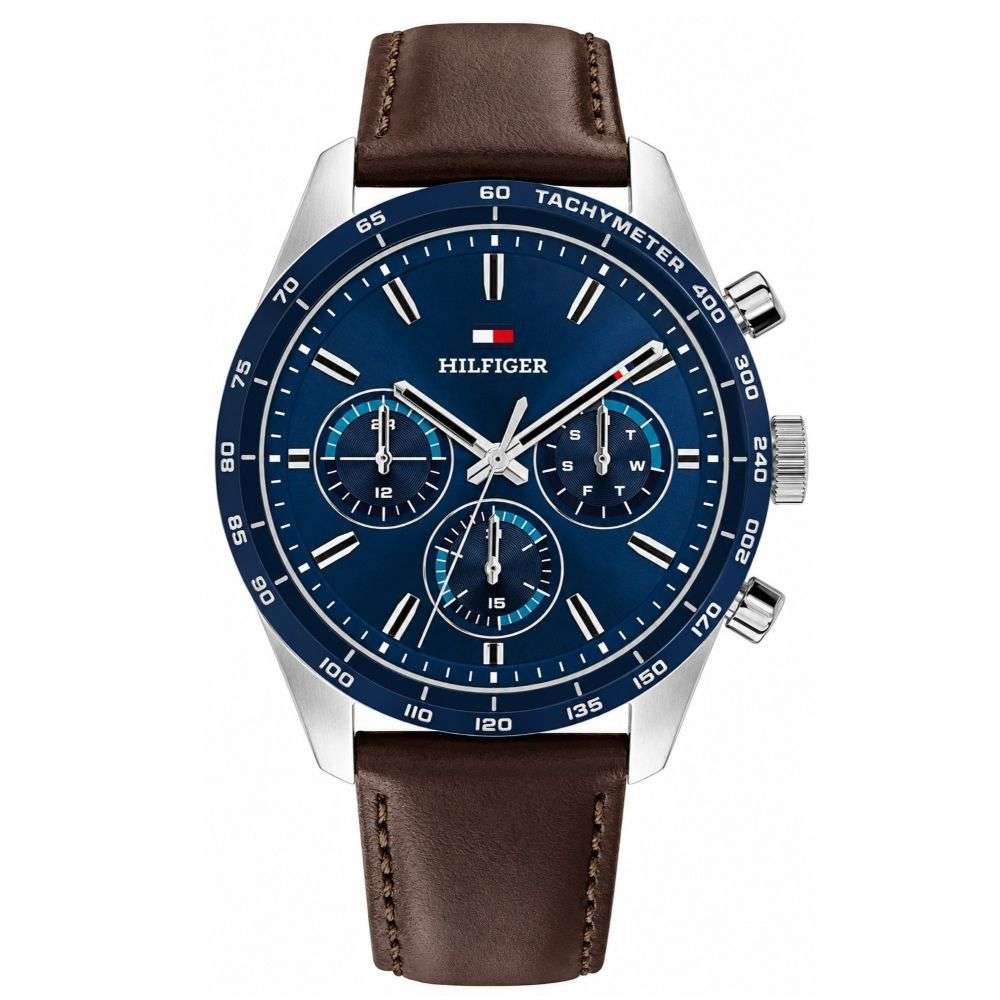 1792276 Tommy Hilfiger Hampton Blue dial brown leather strap watch front image