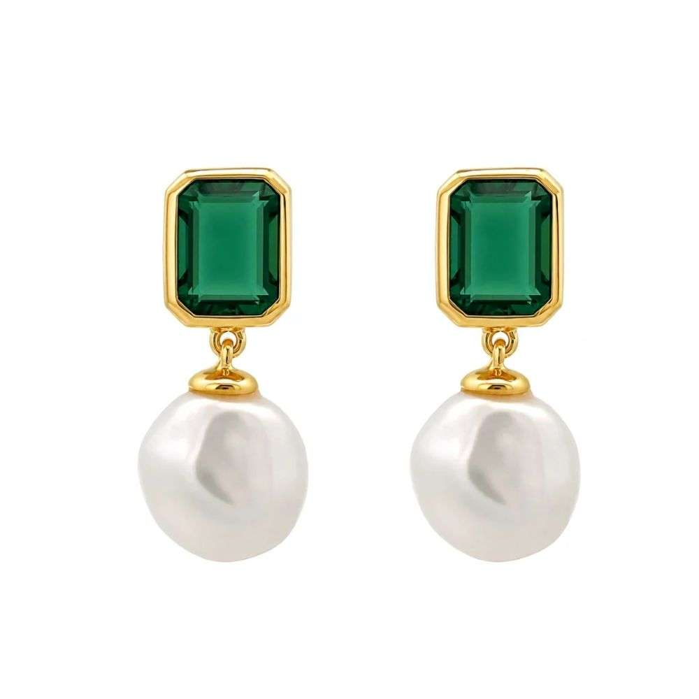 E1814-Emeral-isle-pearl-drop-earrings-green-cubic-zirconia-burren-jewellery-front-image
