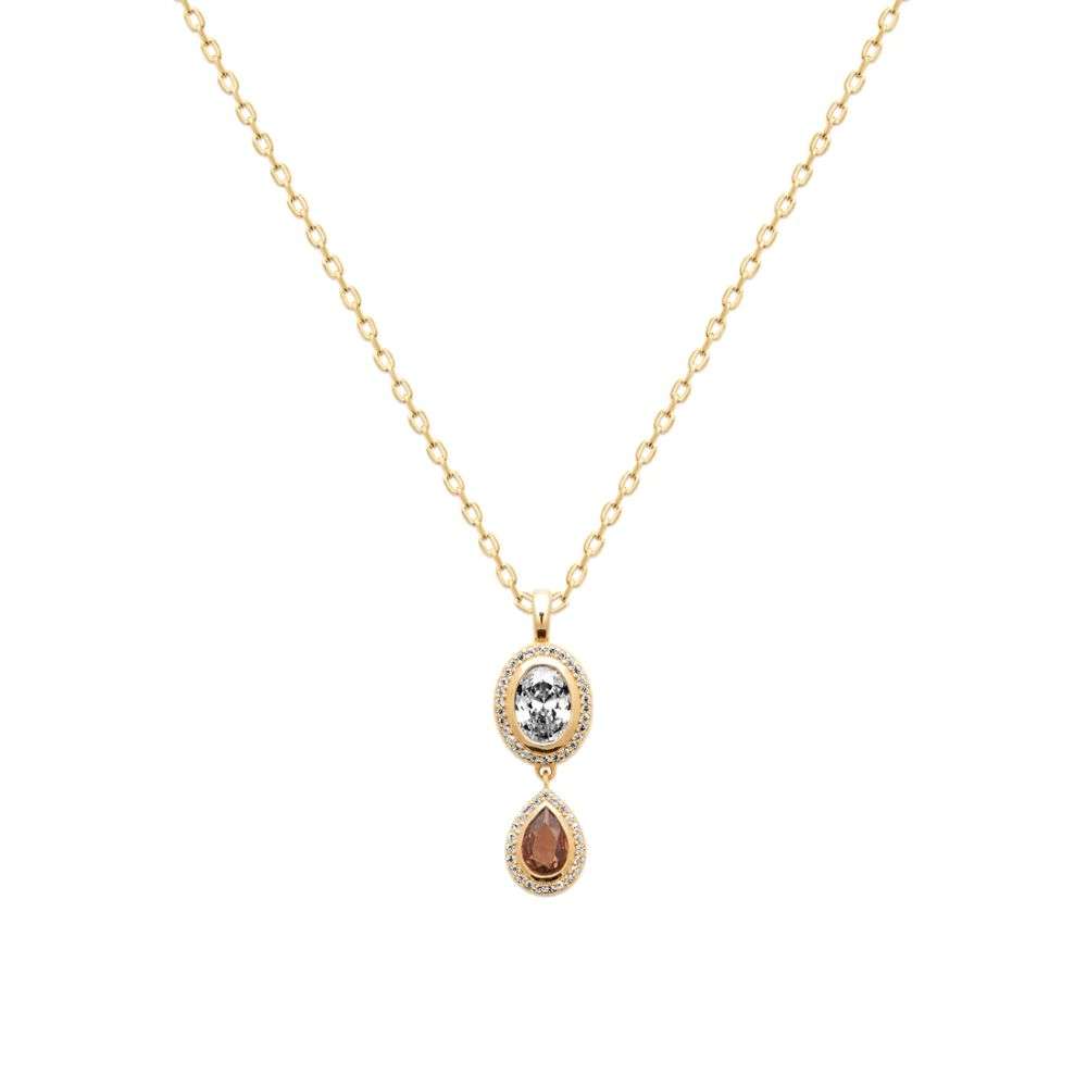 P1875-burren-jewellery-18k-gold-plate-pendant-double-drop-oval-white-pear-rhodolite-cz-pave-chain-front-image P1875-burren-jewellery-18k-gold-plate-pendant-double-drop-oval-white-pear-rhodolite-cz-pave-chain-front-image